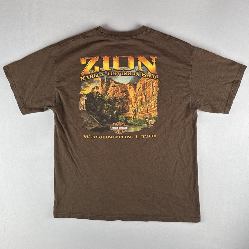 Harley Davidson Zion Utah 2012 T Shirt Mens L Brown Dealer Back Graphic Biker
